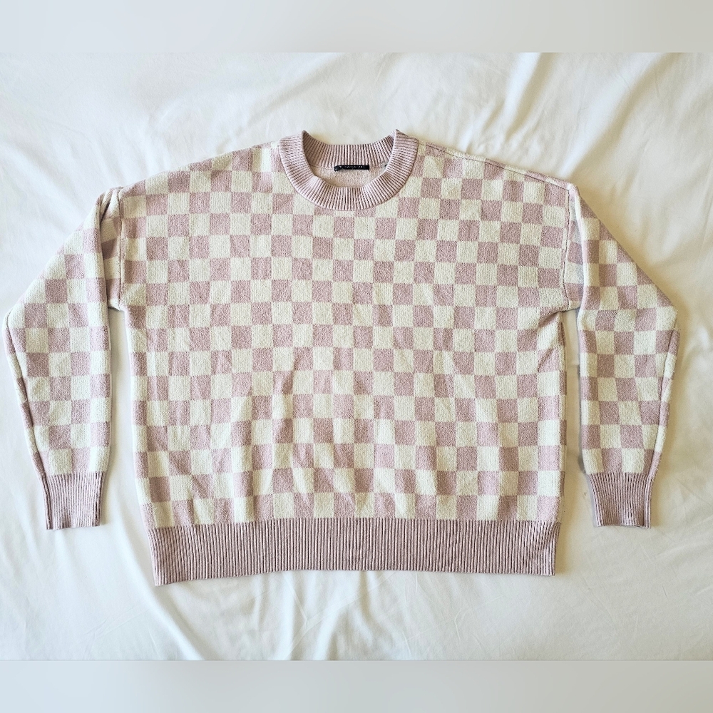 Womens Tahari Sweater M PINK checkered Crew Neck Neutral Comfy Patterned